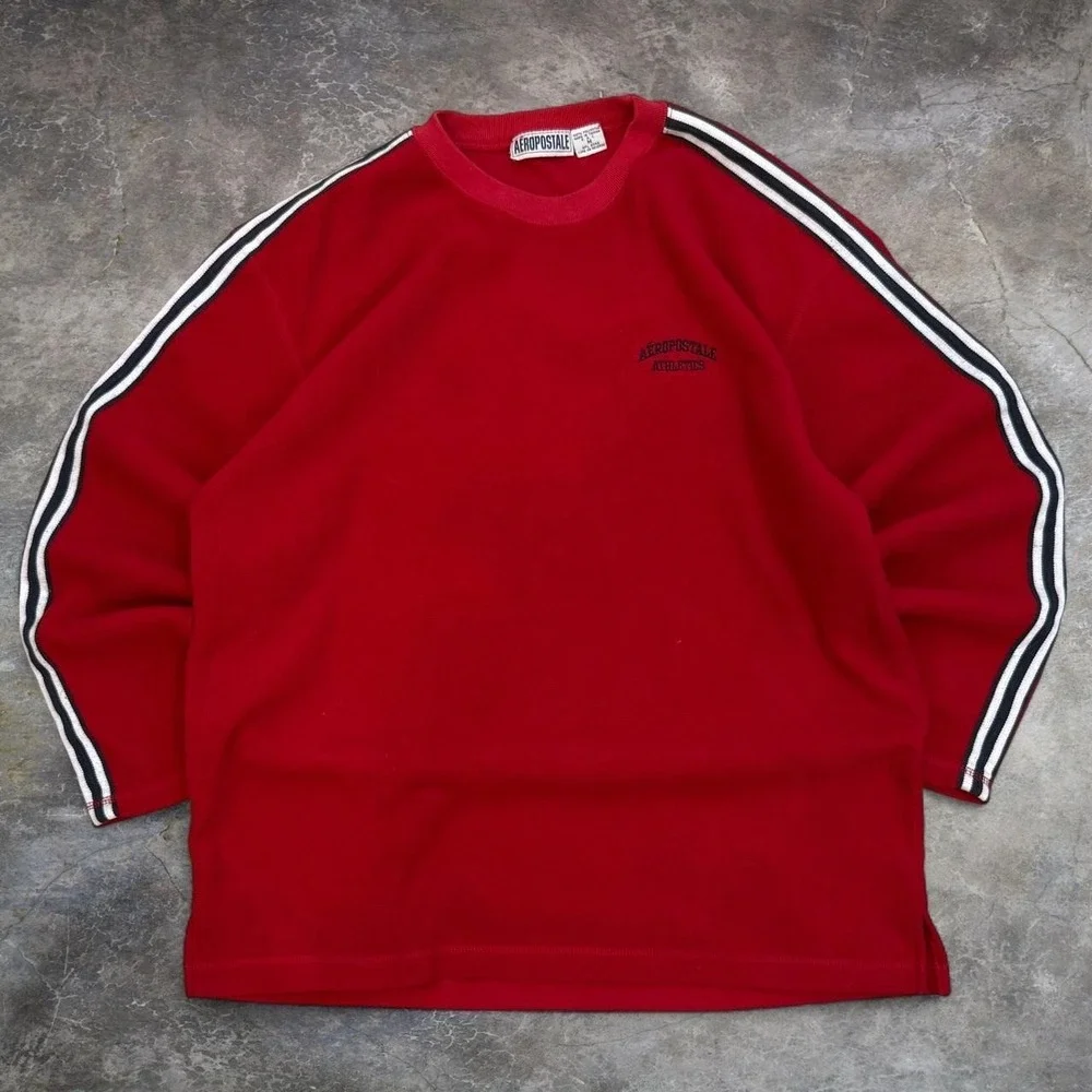 Vintage Aeropostale Red Fleece Striped Pullover Sweatshirt Men's Medium 90s Y2K